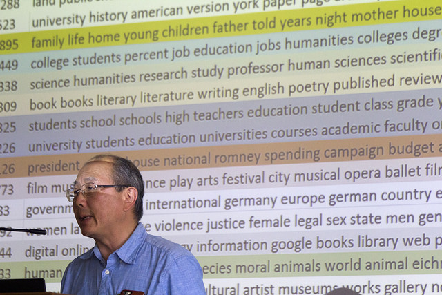 Alan Liu at presenter's podium with topic model text project behind him