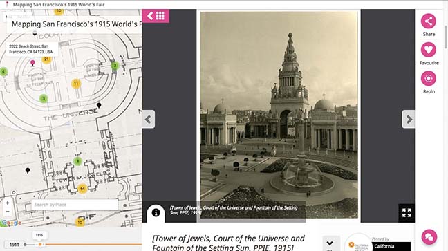 Screenshot from Historypin platform: photograph of Tower of Jewels and map of PPIE fairgrounds