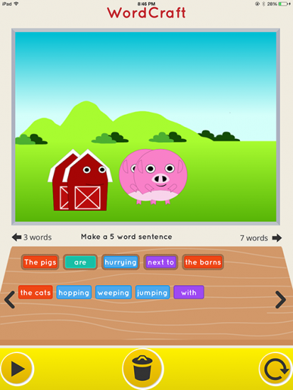 Screenshot of Wordcraft game depicting a 5 word sentence game